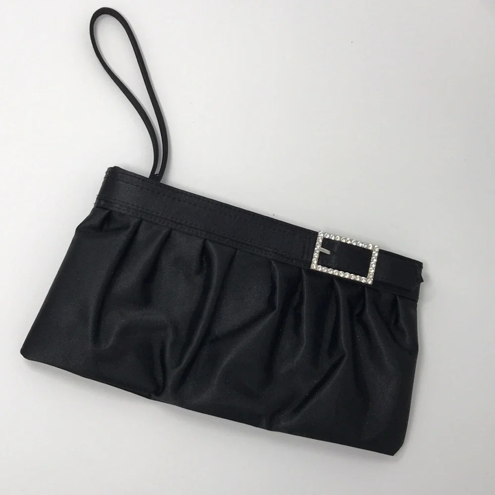 Black Satin Clutch Wristlet w/ Rhinestone Buckle – Evening Party